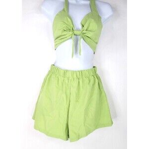 CIDER Shorts Set S Neon Green Halter Bow Top Tie Adjustment 23-427